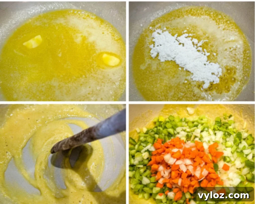 collage of 4 photos with butter and flour roux along with mirepoix carrots, celery, and onions