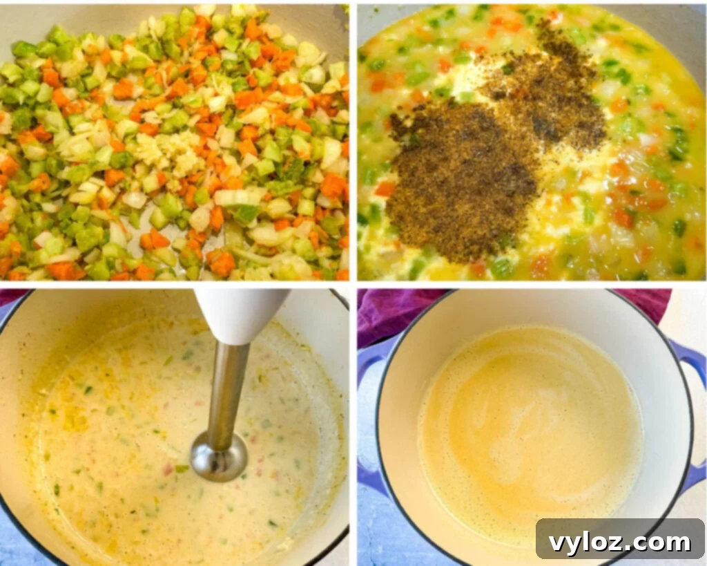 collage of 4 photos with crab bisque pureed with an immersion hand blender