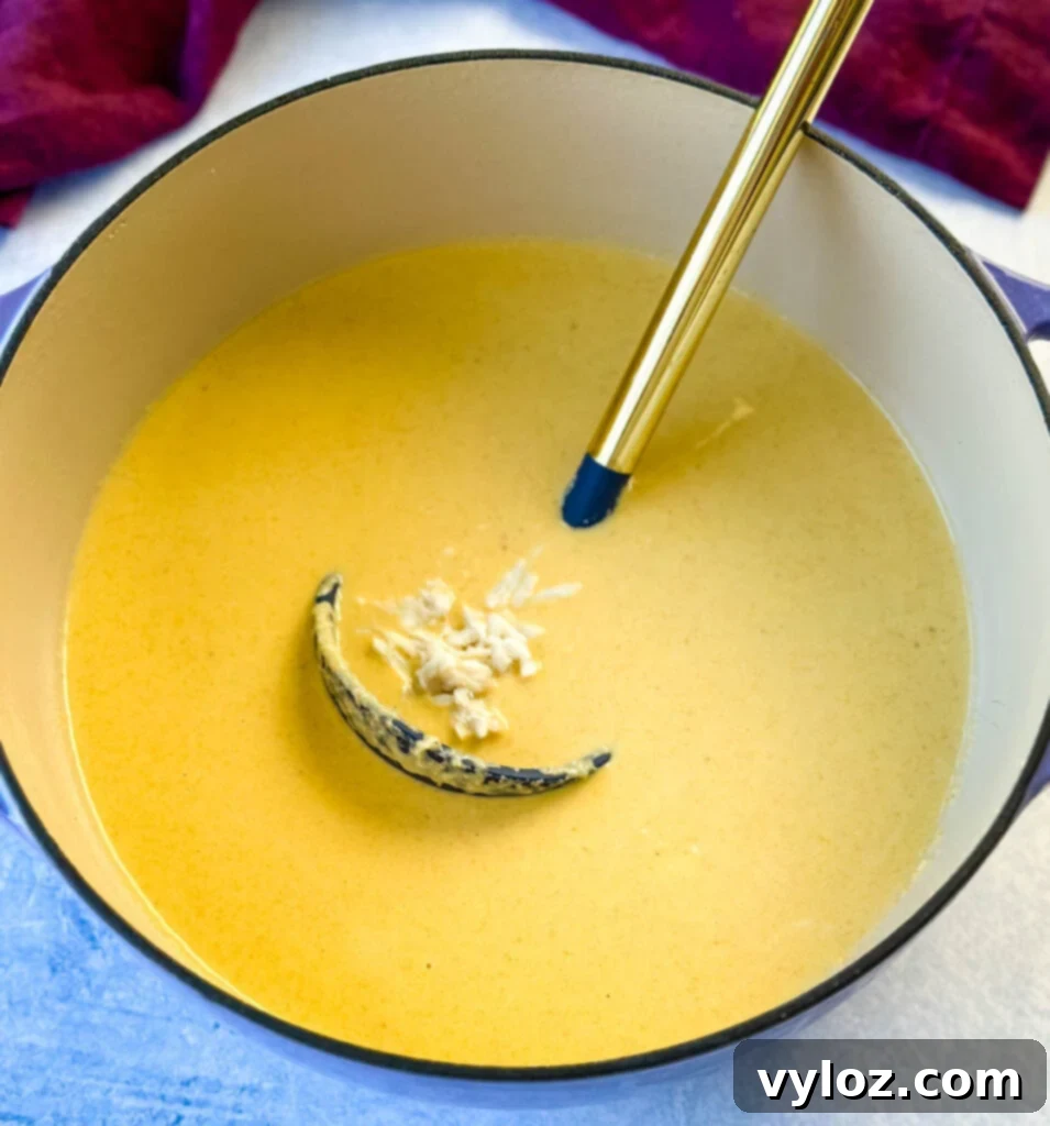 crab bisque in a Dutch oven with a spoon and lump crab meat