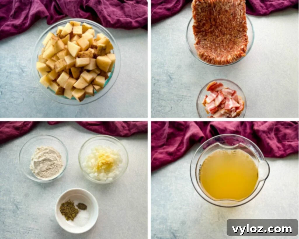 Hearty Italian Sausage and Kale Soup 3 diced russet potatoes, ground Italian sausage, diced raw bacon, garlic, diced white onions, flour, oregano, and broth in separate glass bowls