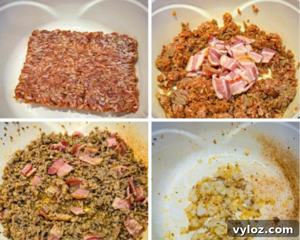 Hearty Italian Sausage and Kale Soup 4 collage of 4 photos with ground Italian sausage and bacon in a Dutch oven