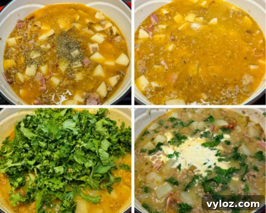 Hearty Italian Sausage and Kale Soup 5 collage of 4 photos with uncooked Italian sausage soup in a Dutch oven