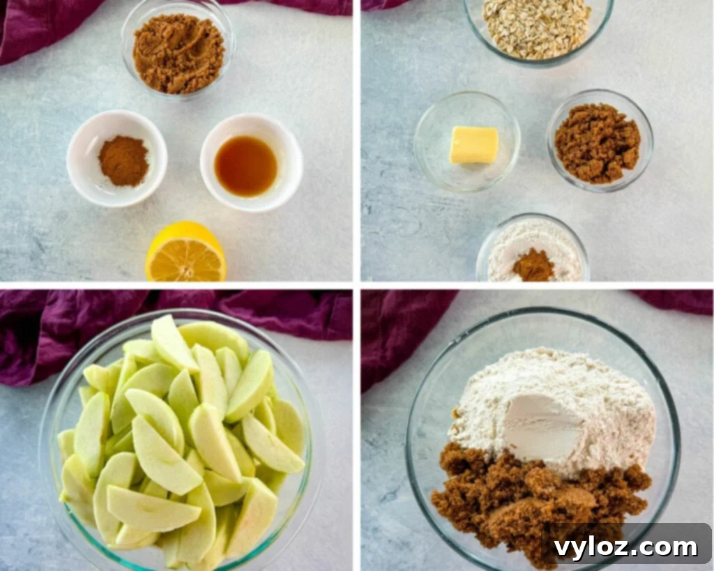 Effortless Crockpot Apple Crumble 3 brown sugar, sliced apples, cinnamon, lemon juice, oats, vanilla, and flour in separate glass bowls