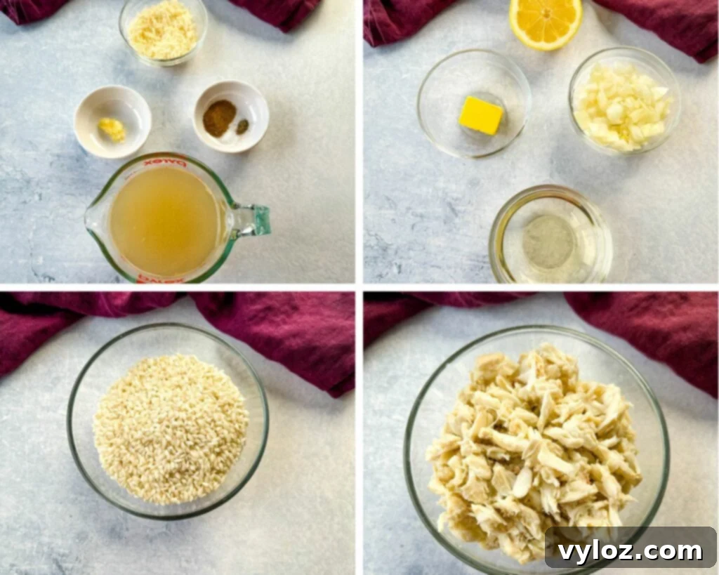 grated Parmesan reggiano cheese, garlic, Old Bay Seasoning, salt, pepper, seafood stock, fresh lemon, butter, chopped onions, white wine, and arborio rice for risotto in separate glass bowls