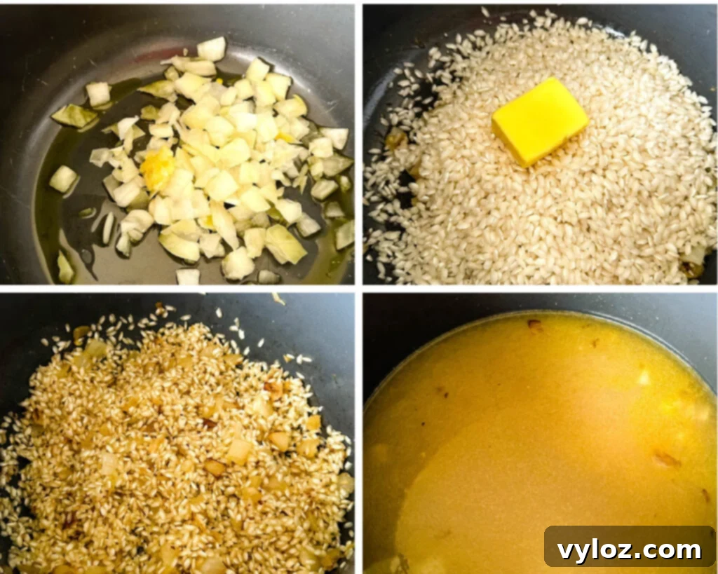 collage of 4 photos with butter, arborio rice, and risotto in a pot