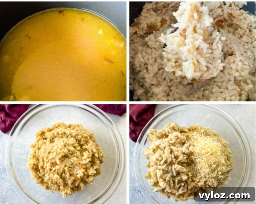 collage of 4 photos with butter, arborio rice, and risotto in a glass bowl