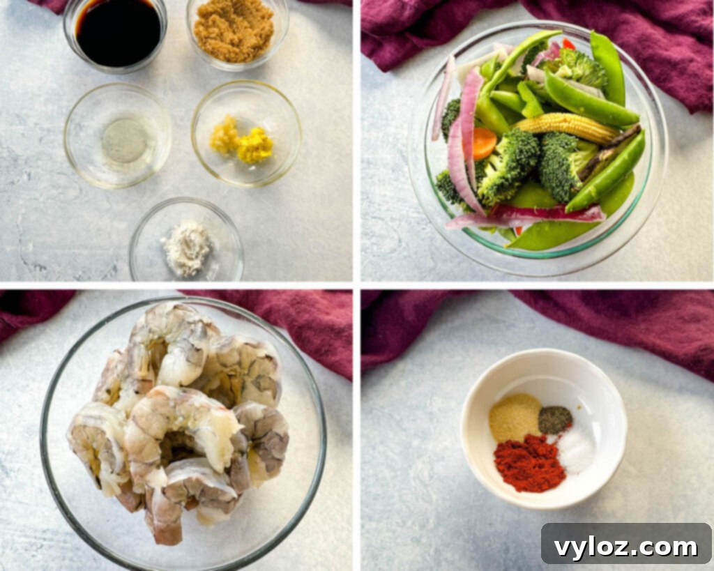 fresh stir fry vegetables, soy sauce, brown sugar, rice vinegar, minced garlic, minced ginger, raw shrimp, spices, and cornstarch in separate glass bowls