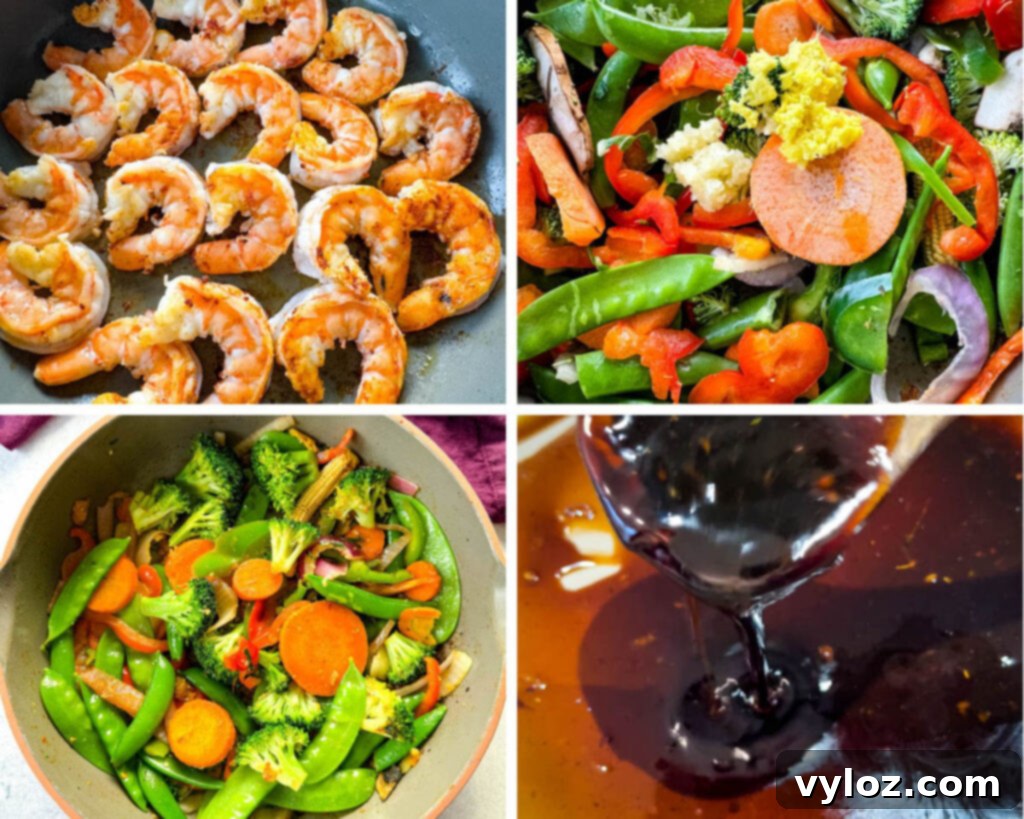 collage of 4 photos with cooked shrimp, vegetables, and stir fry sauce in a pan