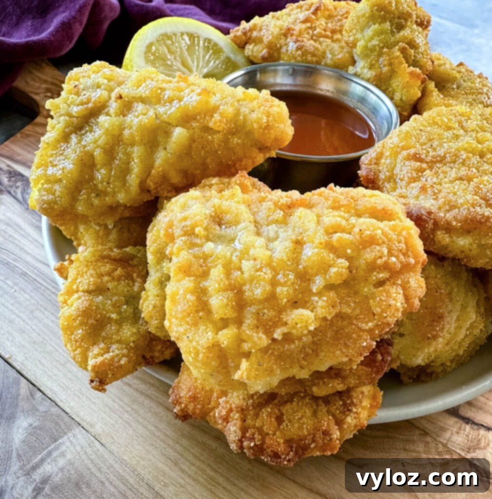Simple Catfish Nuggets 12 breaded catfish nuggets on a plate with hot sauce and a fresh lemon
