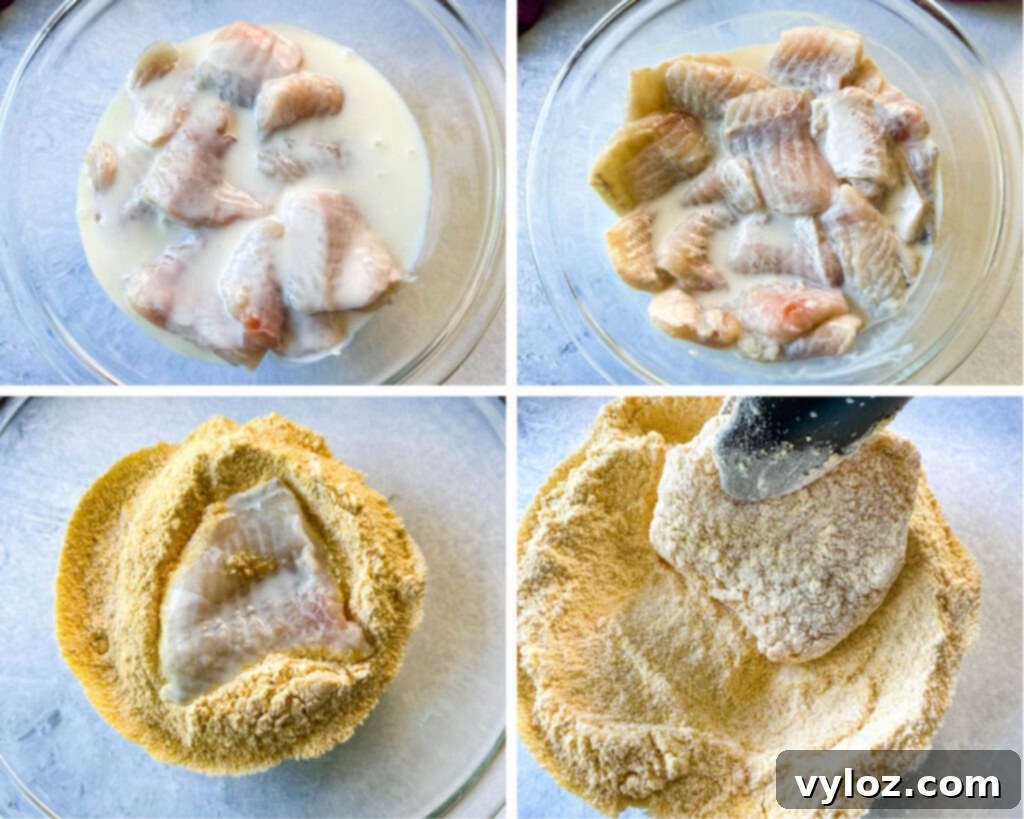 Simple Catfish Nuggets 7 collage of 4 photos showing catfish drizzled with buttermilk and coated with fish breading