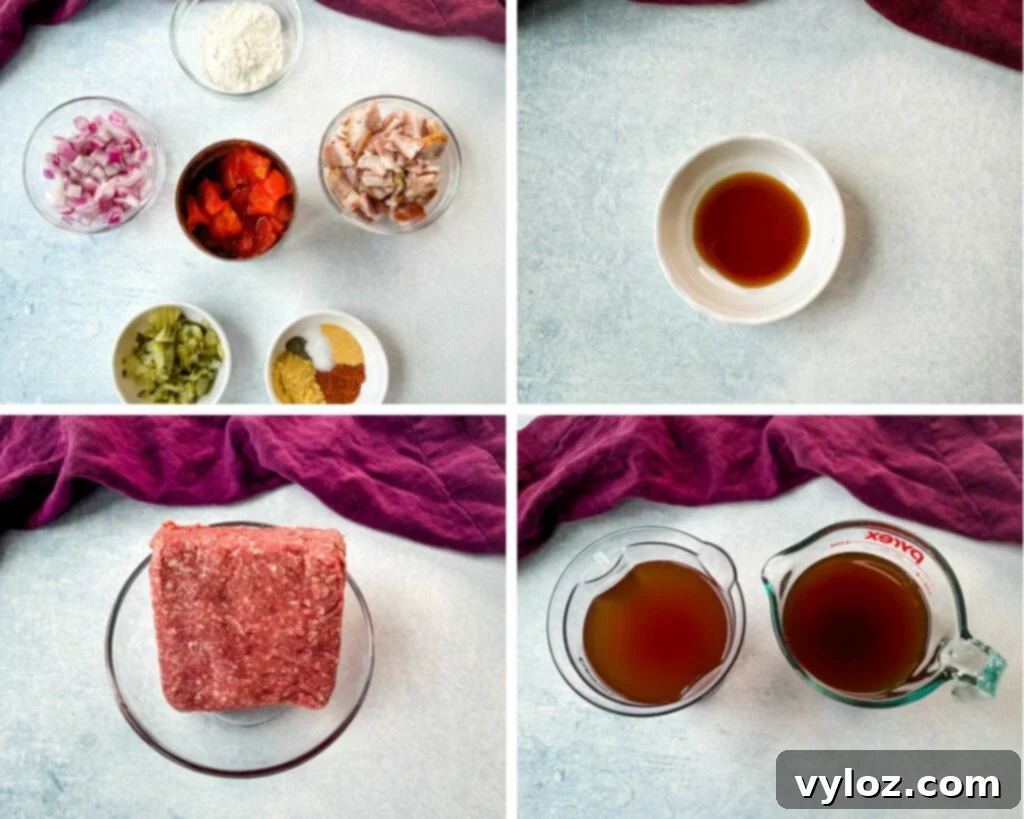 Savory Bacon Cheeseburger Mac Soup 3 collage of 4 photos with raw ground beef, broth, diced onions, spices, pickles, flour, diced tomatoes and Worcestershire sauce in separate glass bowls