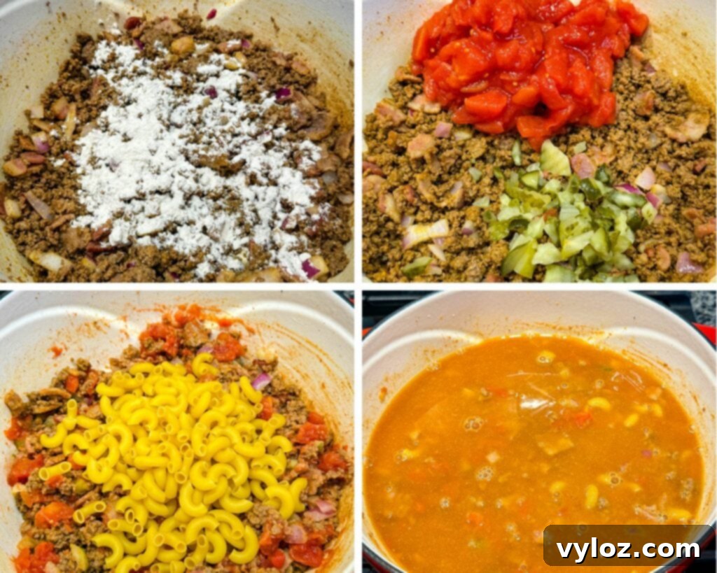 Savory Bacon Cheeseburger Mac Soup 6 collage of 4 photos with diced ground beef, vegetables, and broth in a Dutch oven