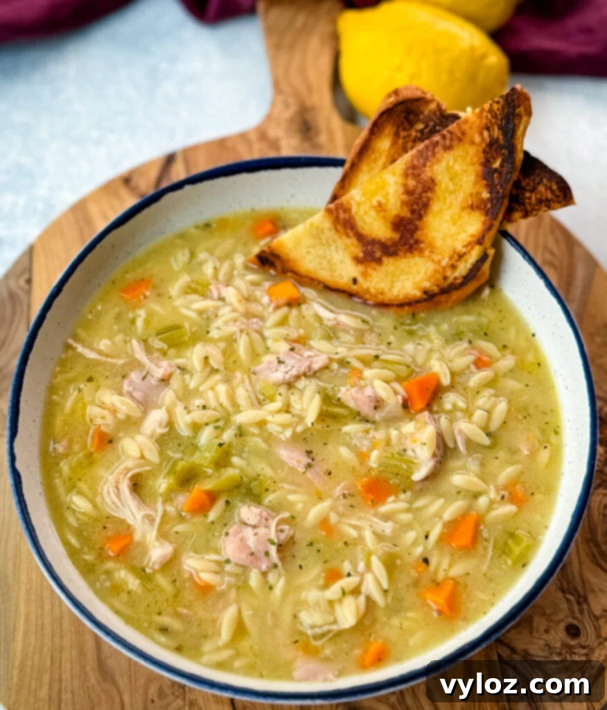 chicken orzo soup with carrots, celery, and a wooden spoon in a white bowl with a piece of bread