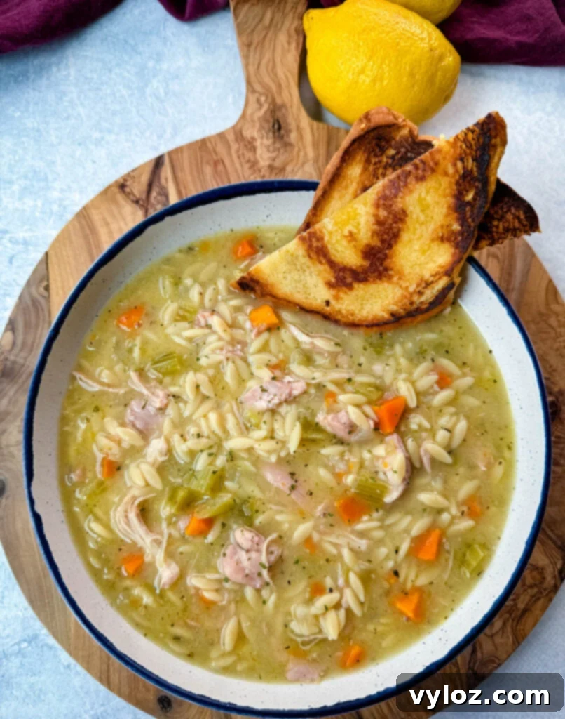 chicken orzo soup with carrots, celery, and a wooden spoon in a white bowl with a piece of bread