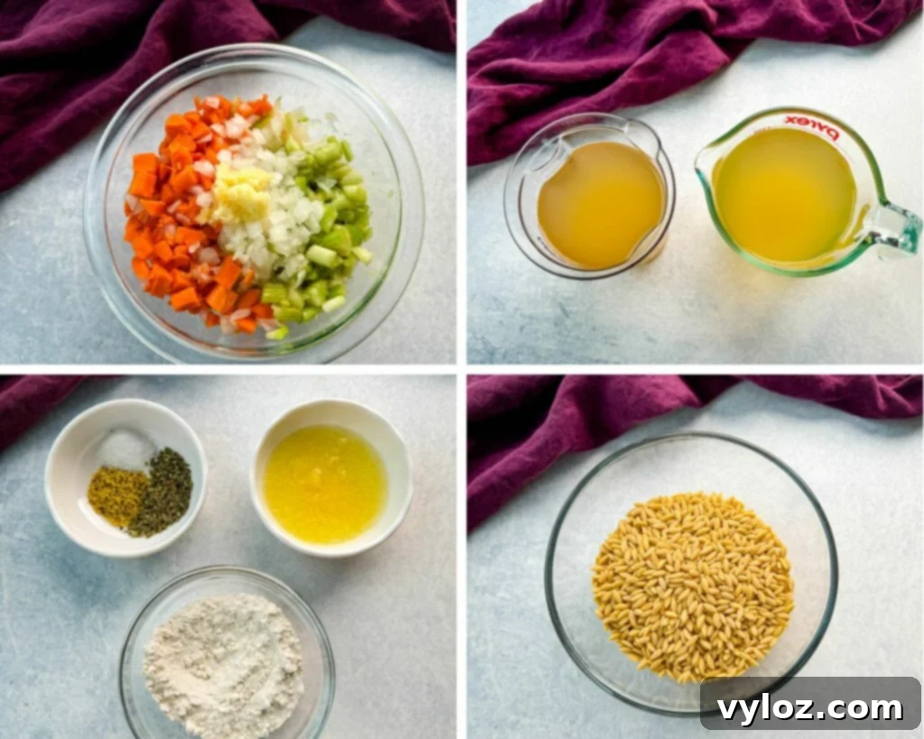 collage of 4 photos with diced carrots, celery, onions, flour, Italian seasoning, lemon juice, lemon zest, dry orzo, and chicken broth in separate glass bowls