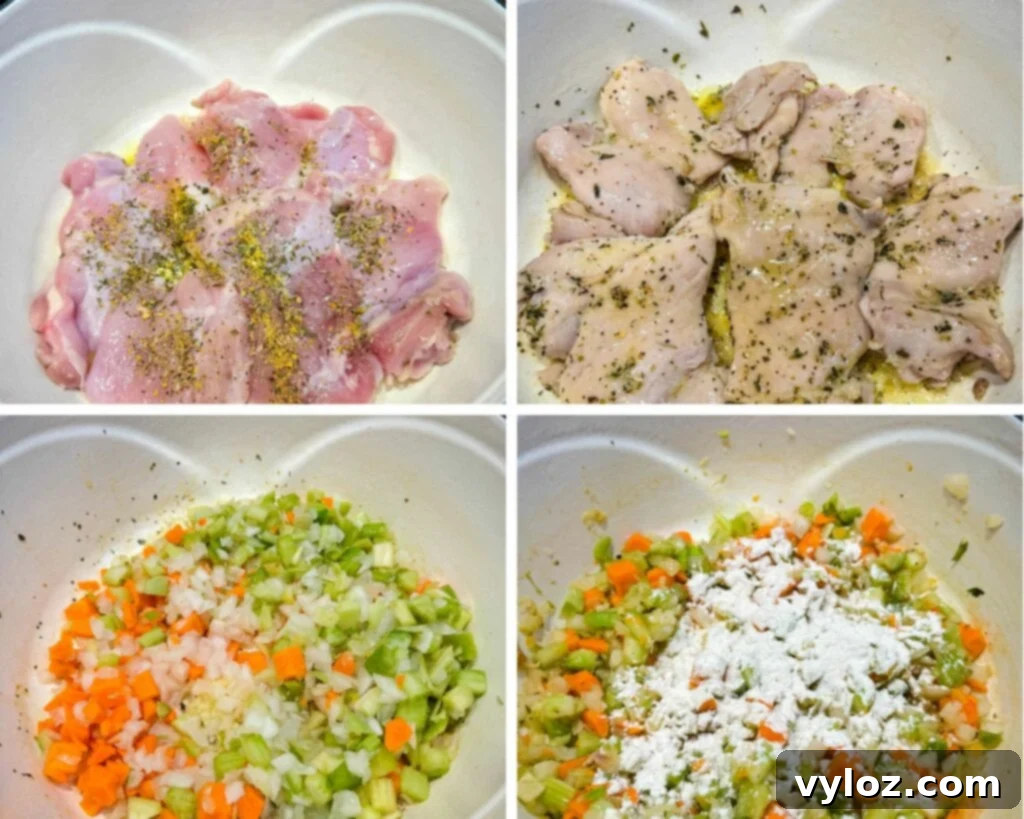 collage of 4 photos with raw chicken thighs, celery, onions, carrots, and flour in a Dutch oven