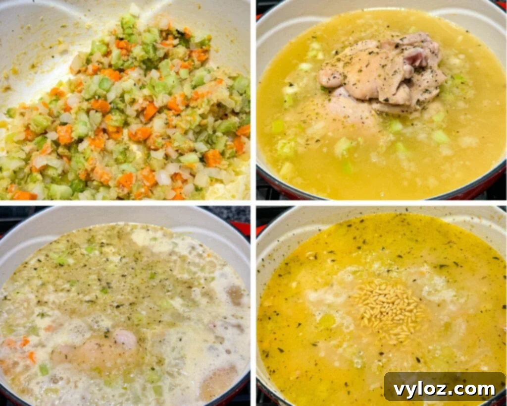 collage of 4 photos with diced vegetables, flour, broth, and raw chicken in a Dutch oven