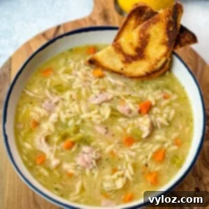 chicken orzo soup in a white bowl with toasted bread