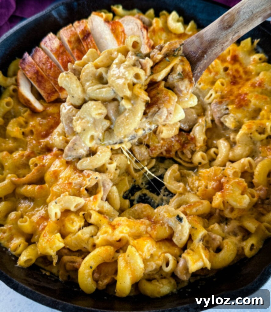 Rich and creamy chicken mac and cheese served in a cast iron skillet, ready to enjoy, with a wooden spoon.