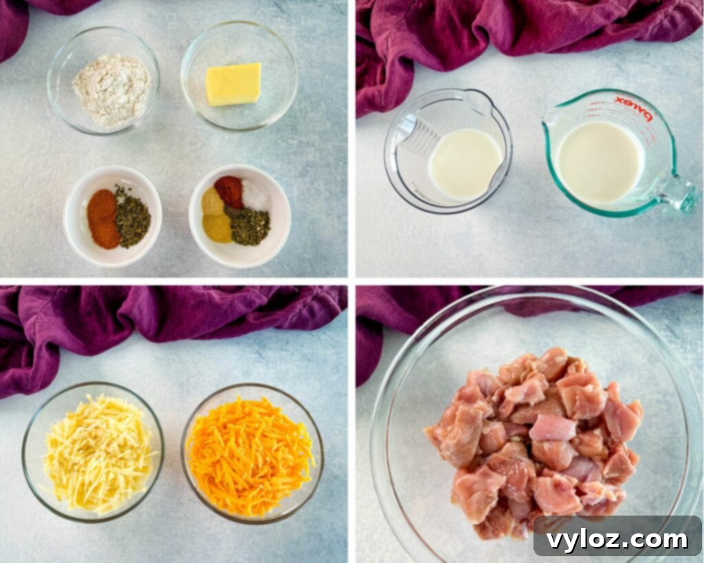 A collage of fresh ingredients laid out for chicken mac and cheese: flour, butter, a selection of spices, heavy cream, milk, grated sharp cheddar cheese, grated Gruyère cheese, and diced raw chicken.