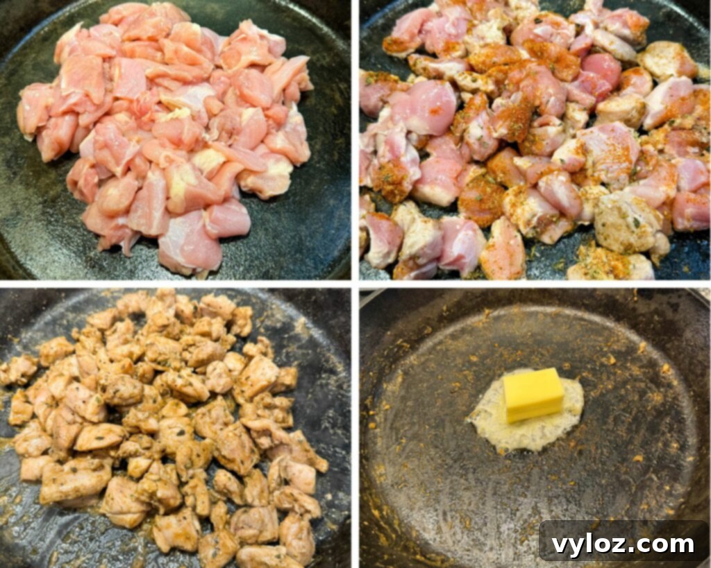 A collage showing seasoned diced chicken chunks cooking in a cast iron skillet.