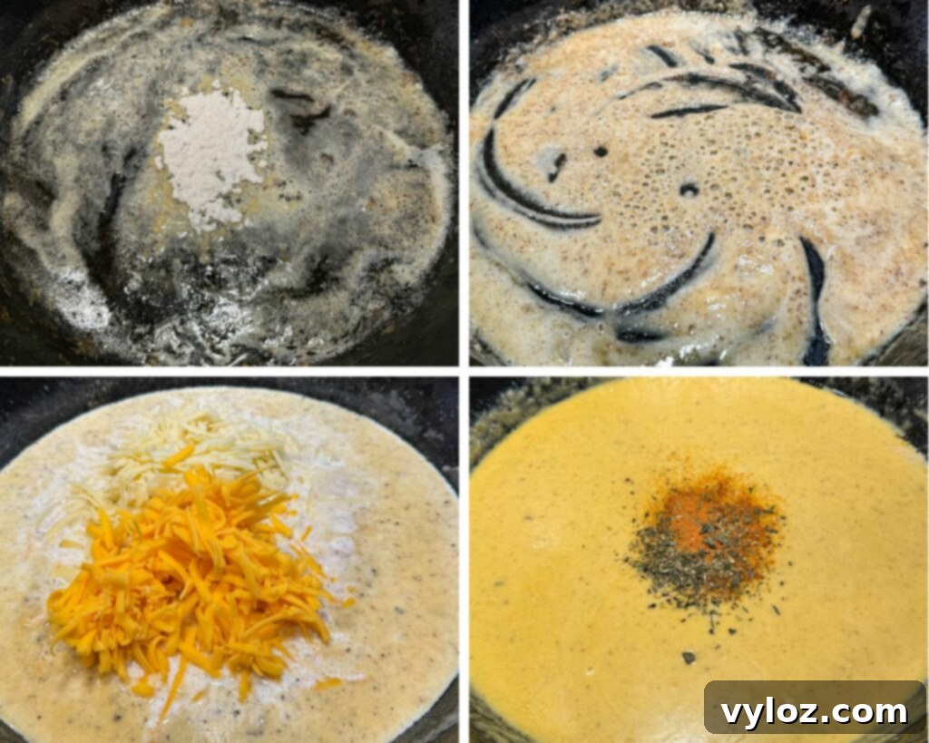 A collage illustrating the making of the cheese sauce, including a butter-flour roux and the creamy cheese sauce forming in a cast iron skillet.