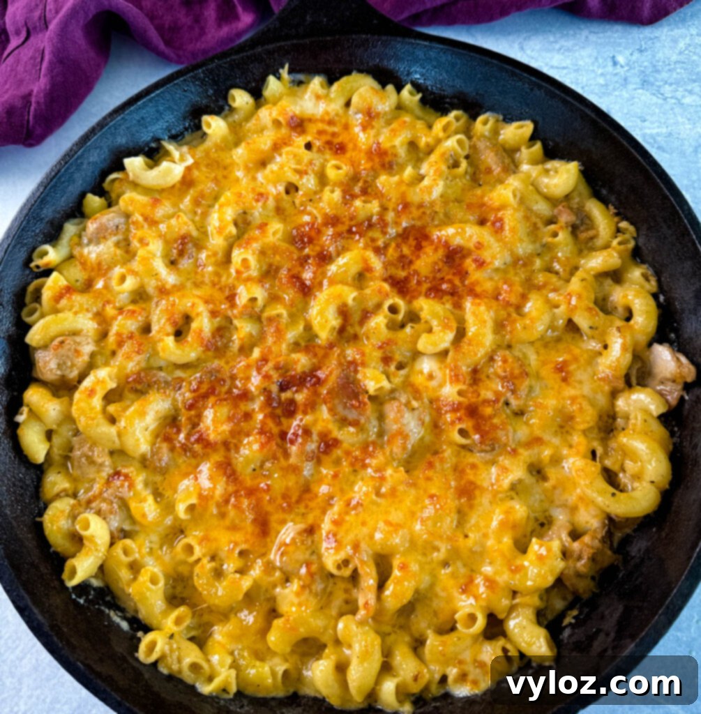 Delicious chicken mac and cheese in a rustic cast iron skillet.