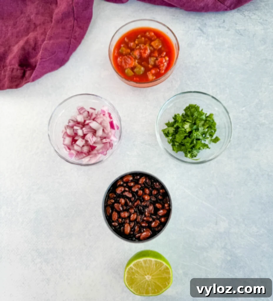 salsa, diced onions, fresh cilantro, canned black beans, and fresh lime in separate glass bowls