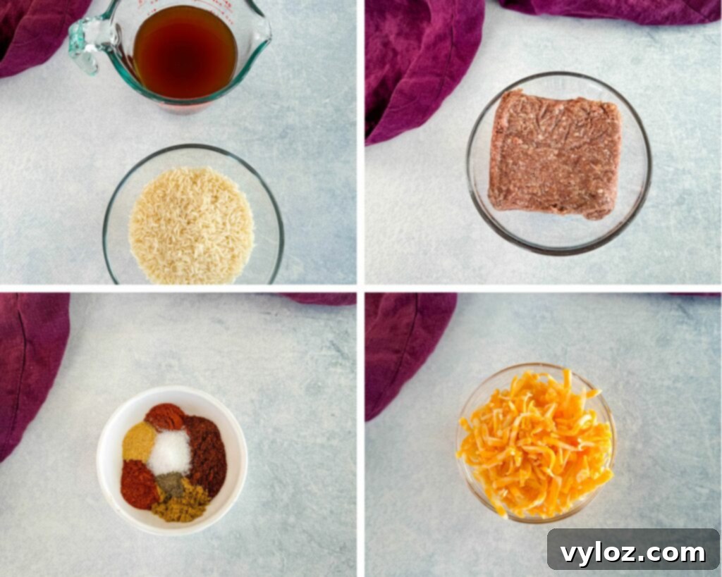 beef broth, rice, raw ground beef, taco seasoning spices, and grated cheese in separate glass bowls