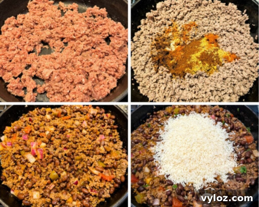 collage of 4 photos with ground beef, spices, and rice in a cast iron skillet