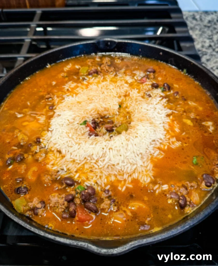 uncooked Mexican beef and rice in a cast iron skillet