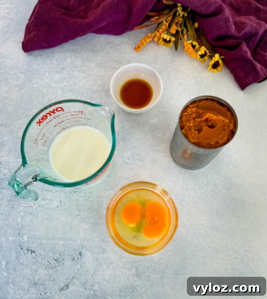 milk, vanilla, pure pumpkin, and raw eggs in separate bowls