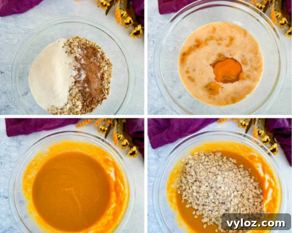collage of 4 photos with wet and dry pumpkin baked oatmeal ingredients in a glass bowl
