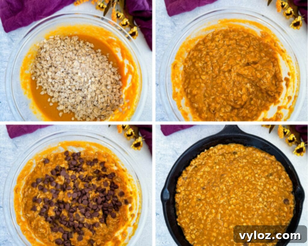 collage of 4 photos with wet and dry pumpkin baked oatmeal ingredients in a glass bowl