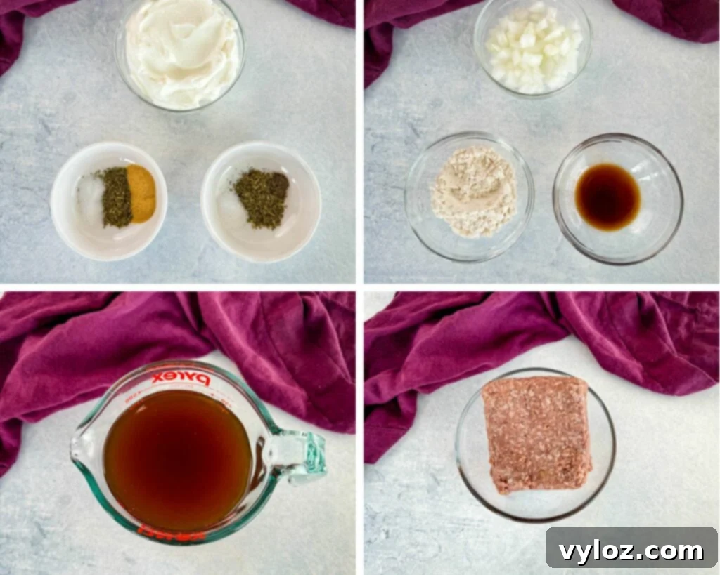 A vibrant collage showing bowls of key ingredients for beef and noodles: sour cream, spices, broth, Worcestershire sauce, flour, and raw ground beef, all ready for cooking.