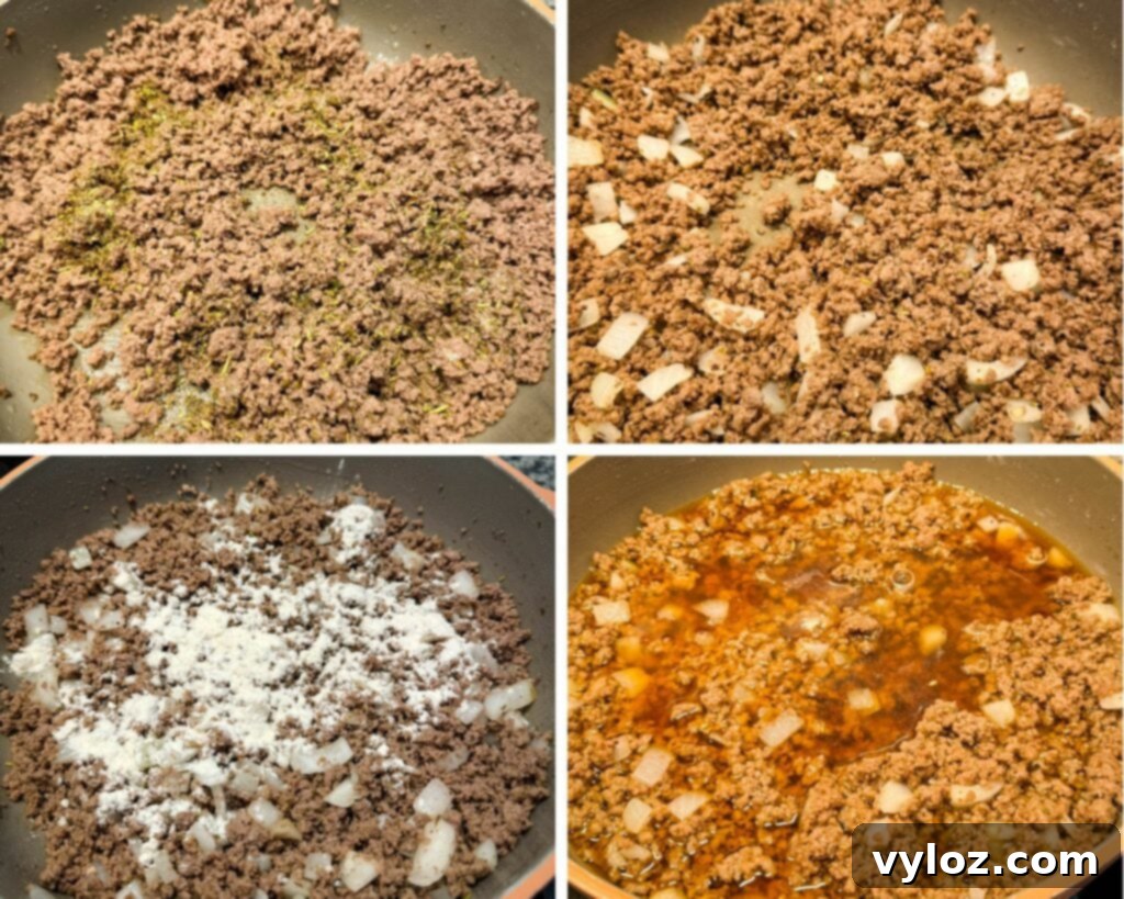 A four-photo collage showing the cooking process: browned ground beef in a skillet, onions added, flour sprinkled, and finally, noodles and broth simmering.
