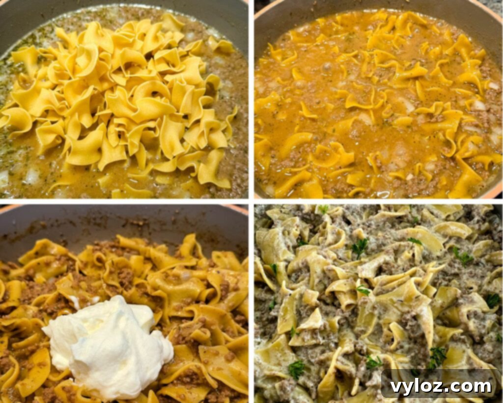 A four-photo collage demonstrating the beef and noodles dish in a skillet as it progresses through the cooking stages to a creamy, finished meal.