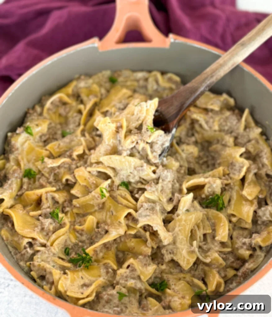 A skillet full of creamy beef and noodles, stirred with a wooden spoon, showcasing the rich texture and readiness of the dish.