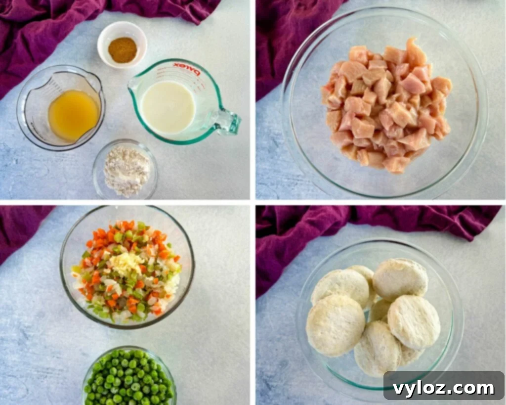 A collage showing the key raw ingredients for chicken pot pie: milk, broth, spices, mixed vegetables, minced garlic, frozen biscuits, and raw diced chicken breasts, each in separate glass bowls.