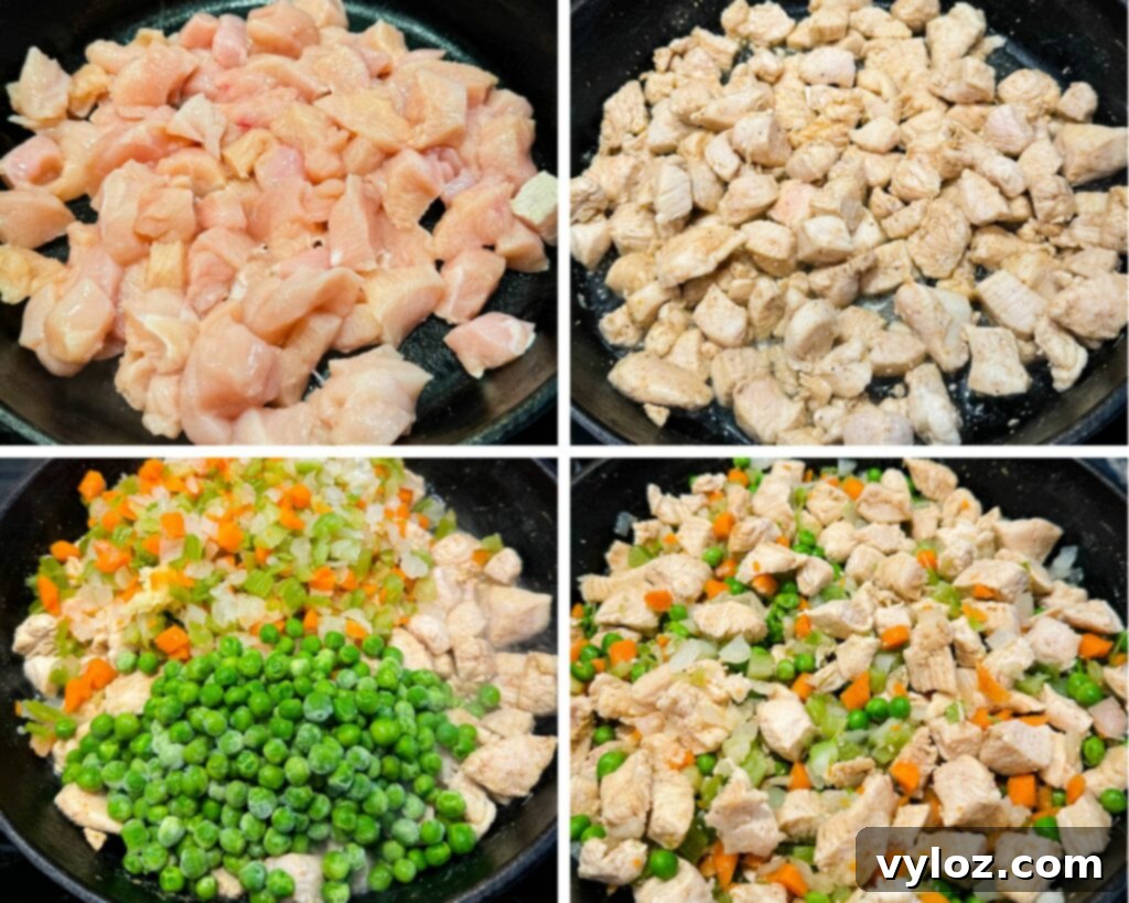 A collage of four photos showing diced raw chicken breasts and mixed vegetables being cooked in a cast iron skillet, illustrating the initial steps of making chicken pot pie.
