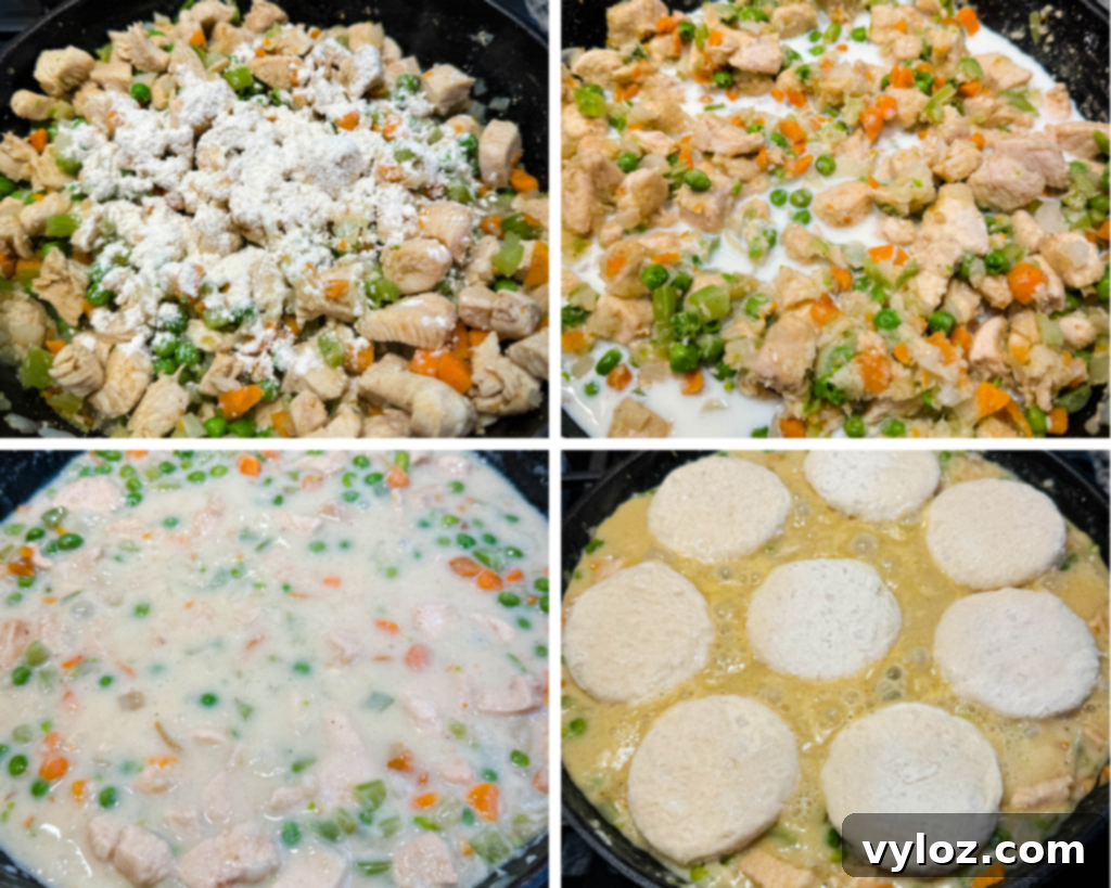 A collage of four photos illustrating the steps of making chicken pot pie: the creamy filling cooked in a cast iron skillet, topped with unbaked biscuits, ready for the oven.