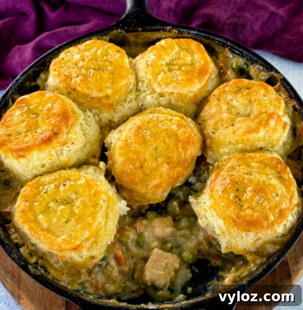 A close-up shot of a golden, flaky biscuit topping on a chicken pot pie in a cast iron skillet, showcasing its inviting texture.