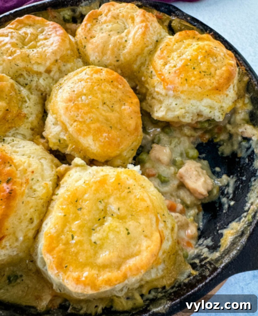 A serving of chicken pot pie with biscuits in a cast iron skillet, ready to be enjoyed as a comforting meal.