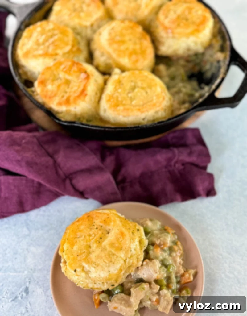 Two servings of chicken pot pie with biscuits, one in a cast iron skillet and another on a white plate, ready for consumption.