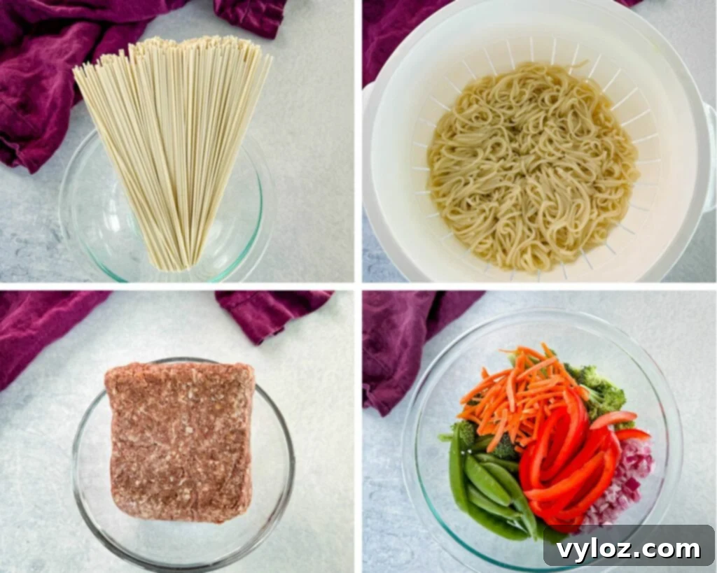 Flavorful Homemade Ground Beef Lo Mein 3 Separate bowls displaying lo mein noodles, raw ground beef, and a vibrant assortment of fresh vegetables