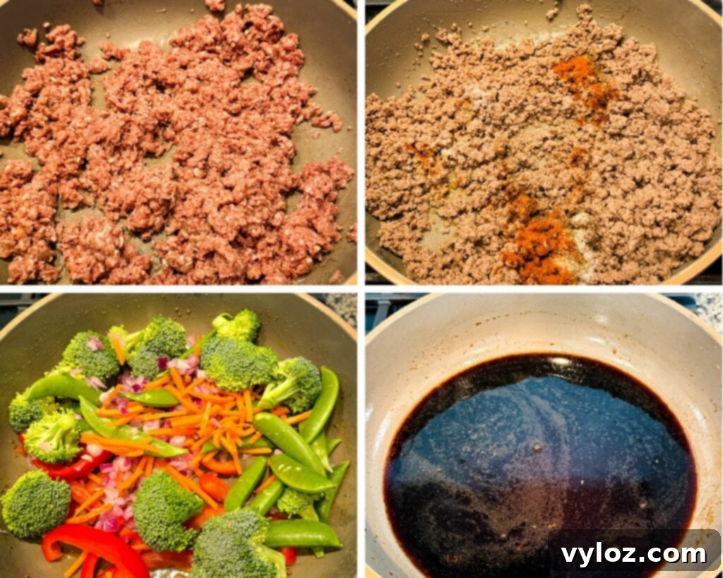 Flavorful Homemade Ground Beef Lo Mein 4 Collage of 4 photos showing the stages of making ground beef lo mein: browned beef, mixed vegetables, sauce in a skillet, and noodles added to the sauce.