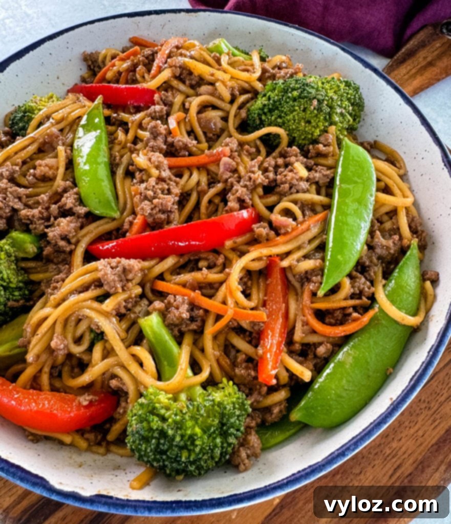 Flavorful Homemade Ground Beef Lo Mein 8 A close-up of ground beef lo mein in a white bowl, showing tender noodles, seasoned beef, and crisp vegetables