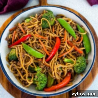 Flavorful Homemade Ground Beef Lo Mein 9 Ground beef lo mein and vegetables in a white bowl