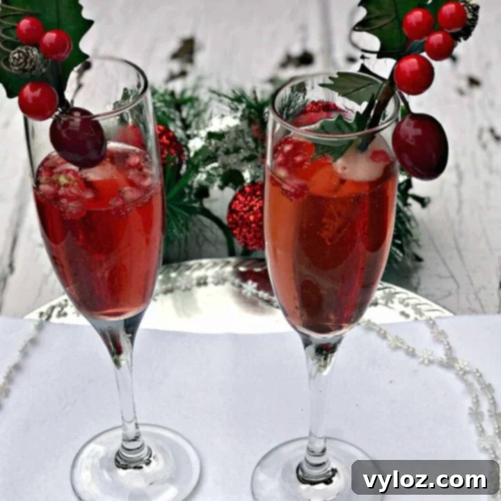 Ruby Red Holiday Fizz 10 Two elegant champagne flutes filled with Pomegranate Holiday Mimosas, garnished with fresh pomegranate seeds and a festive sprig, ready for a toast.