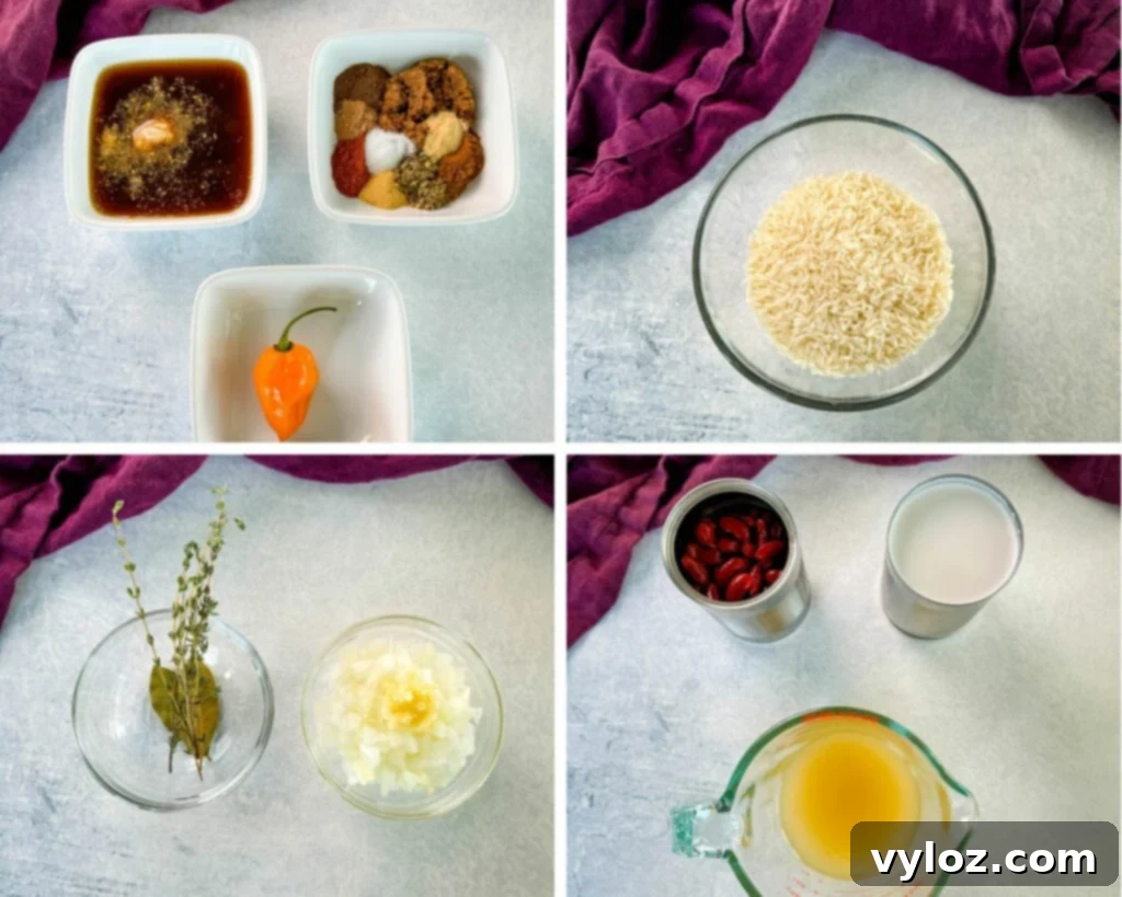 jerk chicken seasoning and marinade, dry rice, fresh thyme, bay leaves, onions, garlic, coconut milk, and canned kidney beans in separate bowls